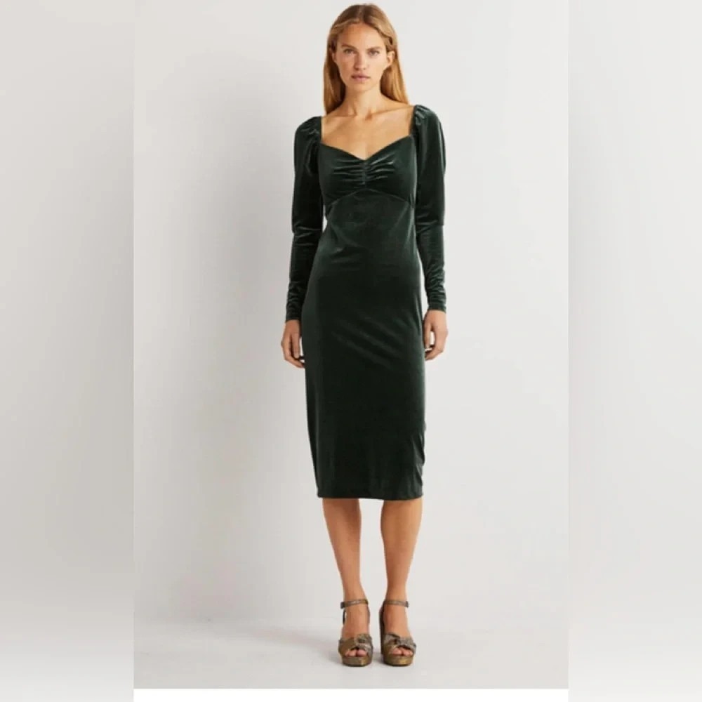 Boden Dress Womens 2R Green Velvet Long Sleeve Midi Party Holiday Stretch